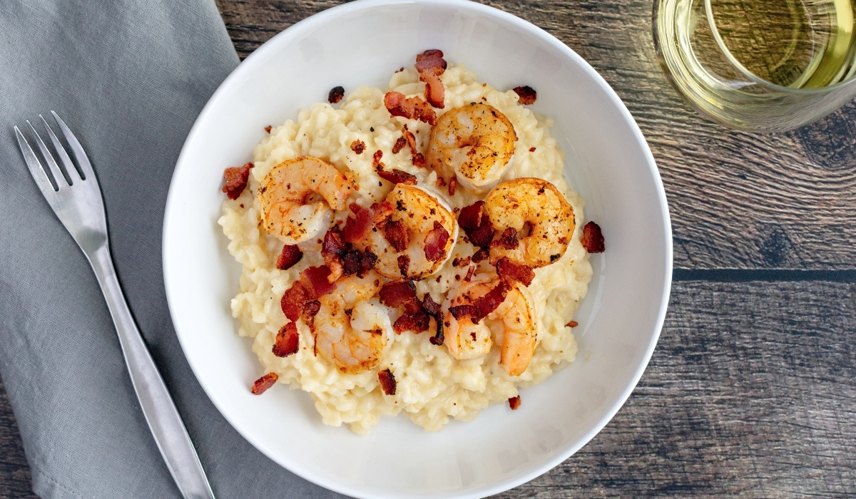 Risotto gamberi e pancetta con Conegliano Valdobbiadene Prosecco Superiore DOCG